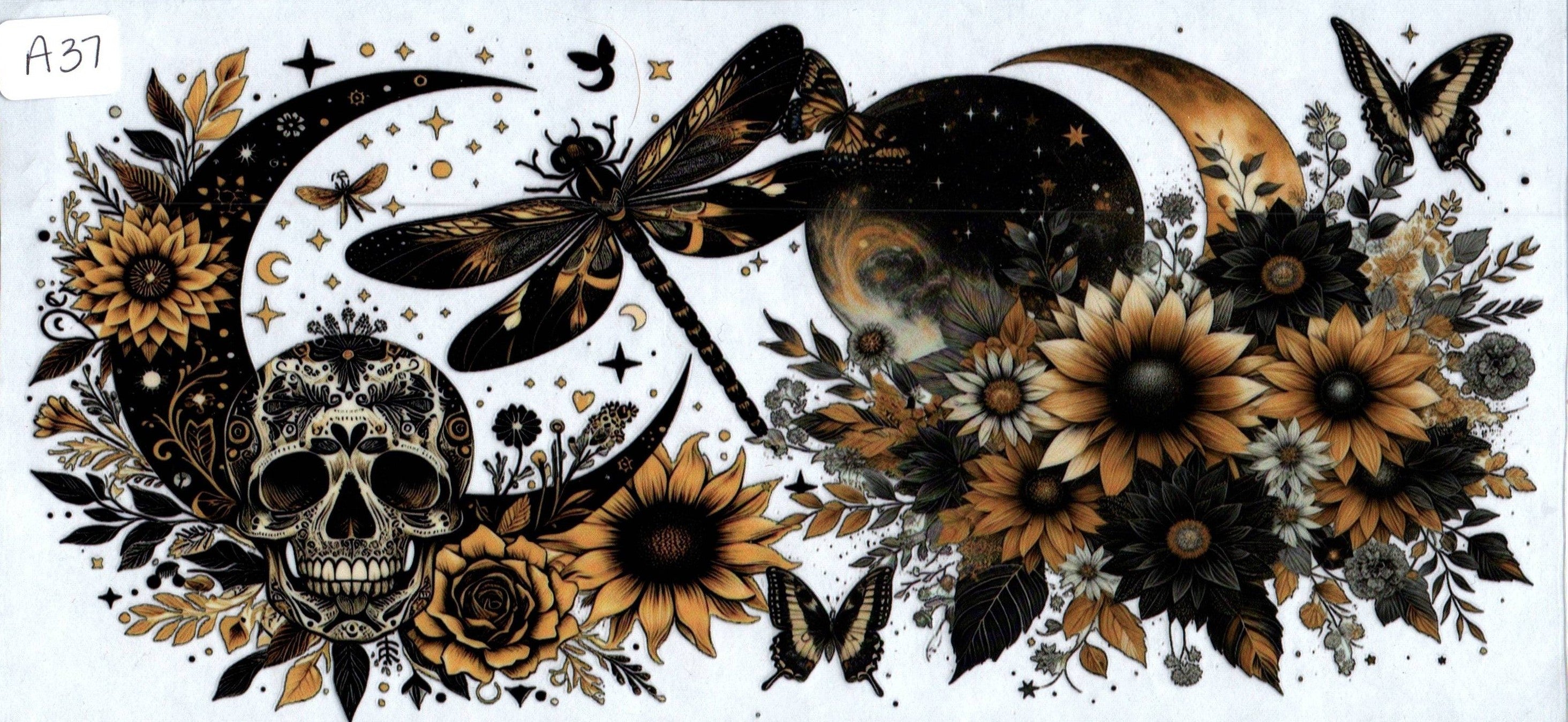 A37 Dragon Fly Skull Flowers Moon