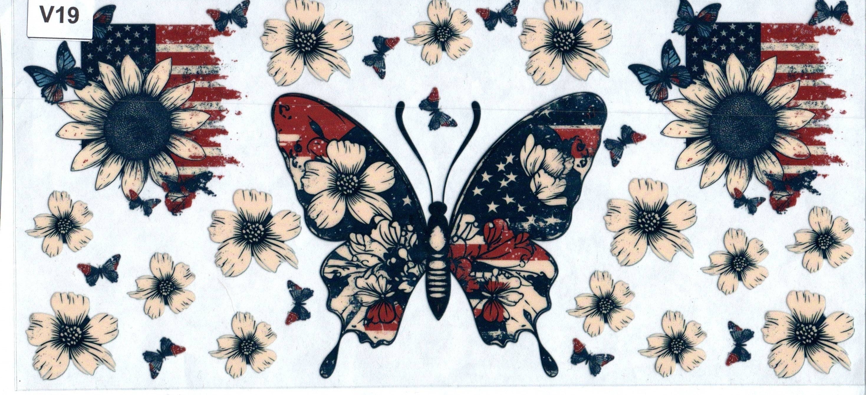 V19 Red White and Blue Flowers flags and Butterflys